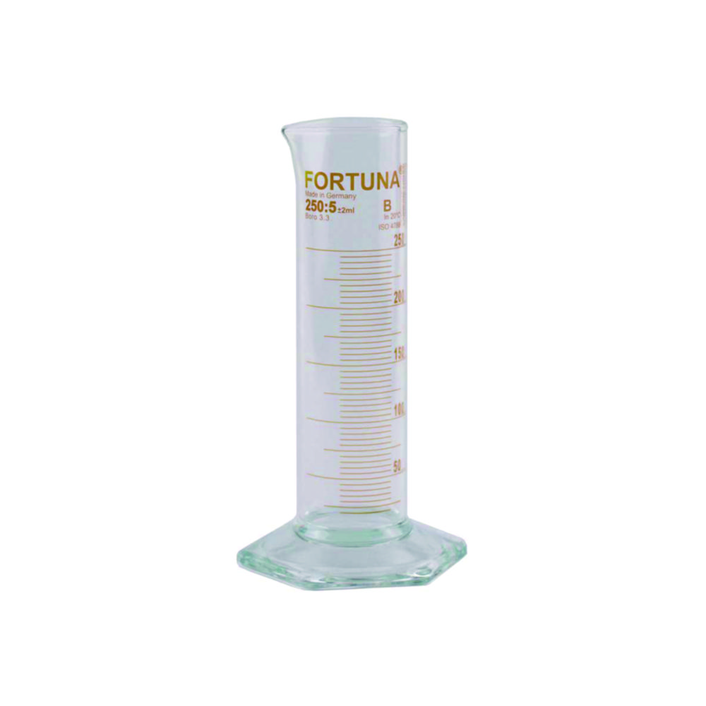 Measuring cylinders FORTUNA®, borosilicate glass 3.3, low form, class B, amber graduated | Nominal capacity: 500 ml
