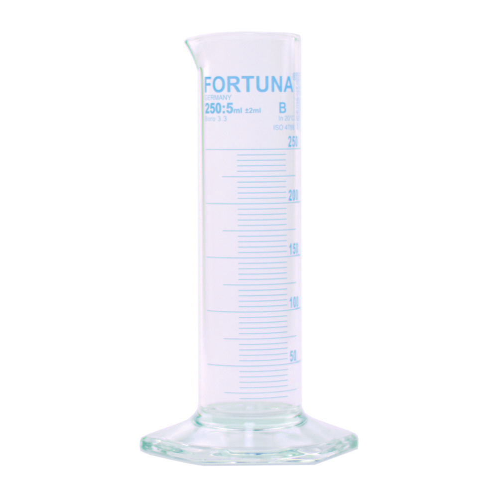 Measuring cylinders FORTUNA®, borosilicate glass 3.3, low form, class B, blue graduated