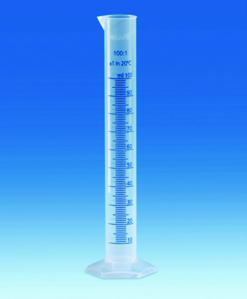 Measuring cylinders, PP, tall form, class B, blue moulded graduations | Nominal capacity: 500 ml