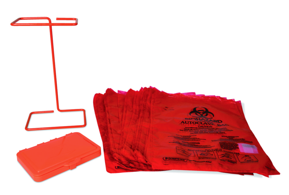 Benchtop holder and biohazard bags set | Description: Benchtop holder and biohazard bags set