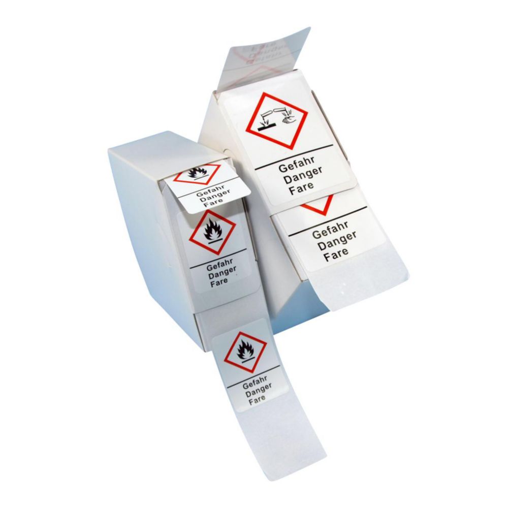 LLG-GHS Warning Labels, Self-Adhesive, Roll in Dispenser Box | Type: GHS 02