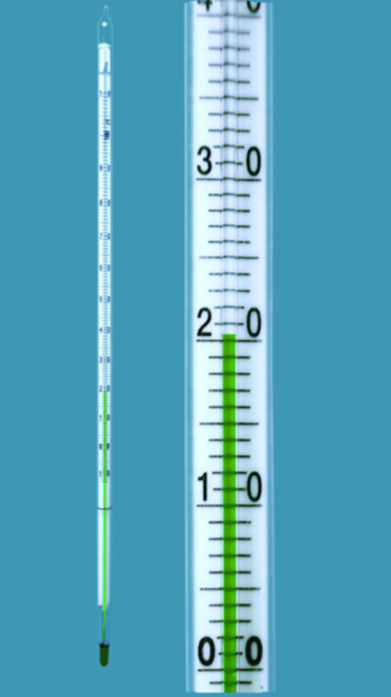 General purpose thermometer, enclosed-scale type, green filling