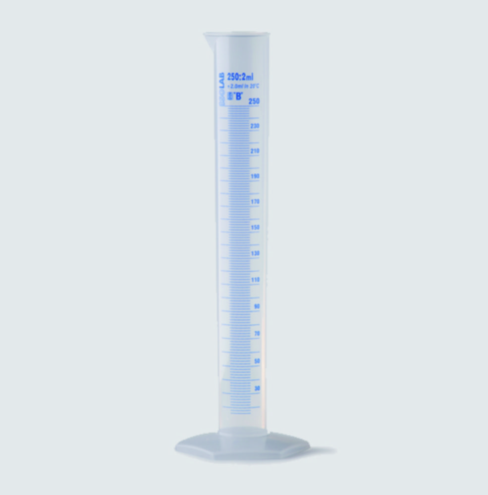 Measuring cylinders, PP, tall form, class B, blue graduated | Nominal capacity: 500 ml