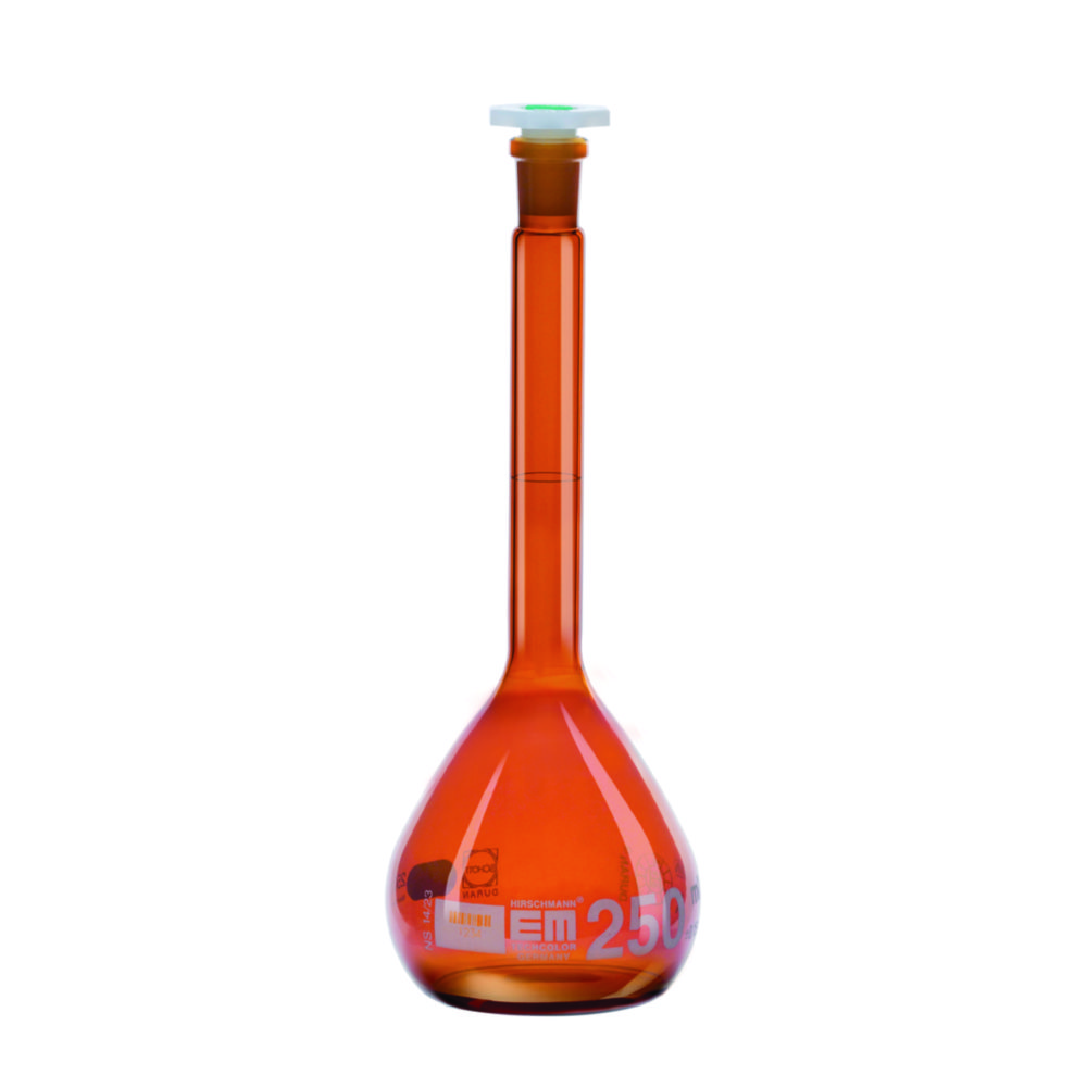 Volumetric flasks, DURAN® amber glass, class A, with PE stopper | Nominal capacity: 25 ml