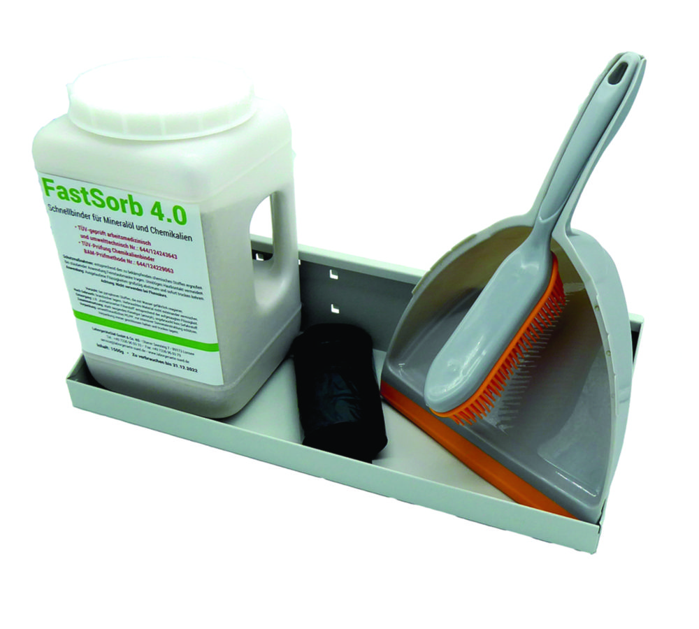 Absorbent, oil and chemical binder FastSorb 4.0 | Description: Wall bracket incl. Handbrush, with rubber bristles, shovel, plastic bag and mounting kit, without FastSorb 4.0
