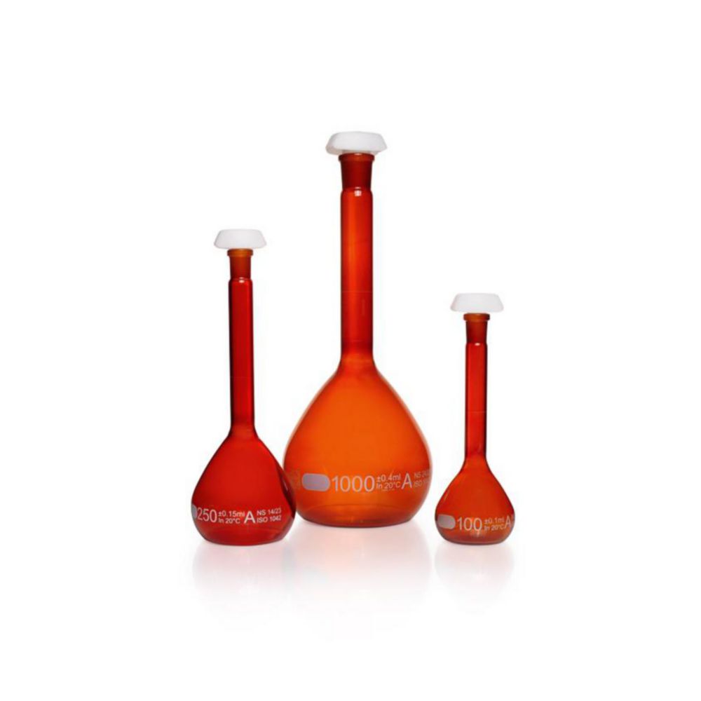 Volumetric flask DURAN®, amber glass, class A, white graduated, incl. individual certificate | Nominal capacity: 200 ml
