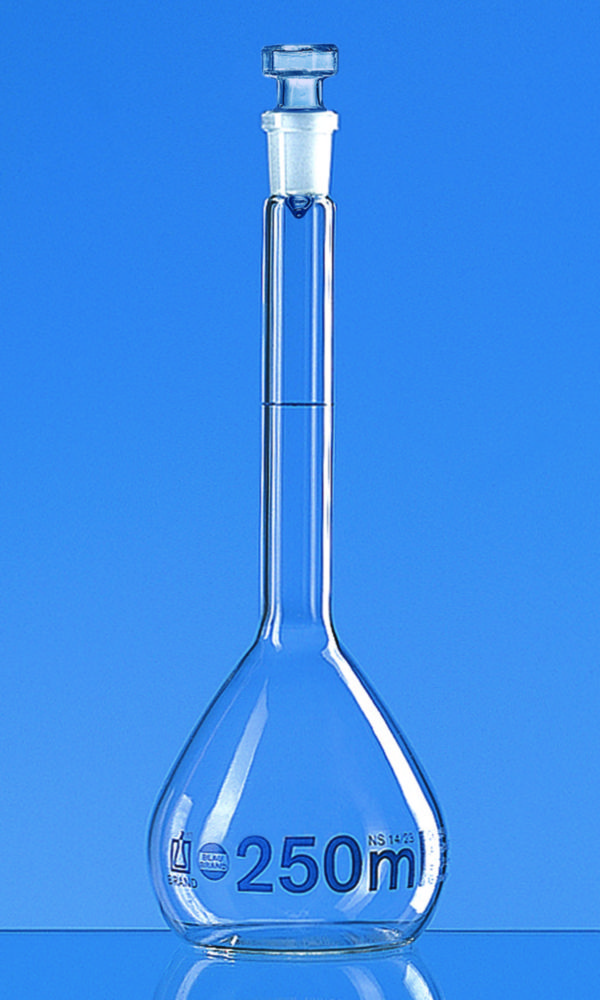 Messkolben, Boro 3.3, Klasse A, blau graduiert, mit Glas-Stopfen | Nennvolumen: 100 ml