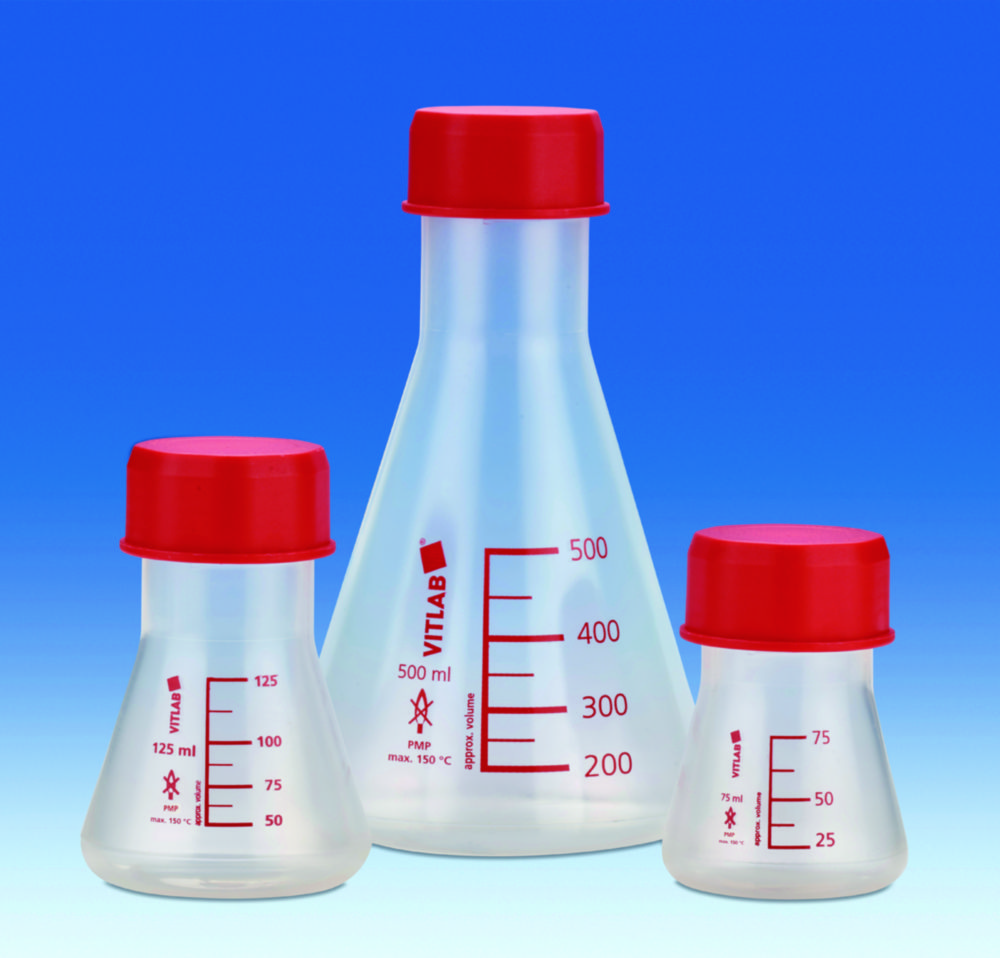 Erlenmeyer flasks, wide mouth, PMP, GL 45, with red screw cap, PP | Nominal capacity: 500 ml
