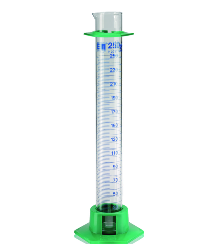 Measuring cylinder with plastic socket, DURAN®, class A, blue graduation | Nominal capacity: 1000 ml
