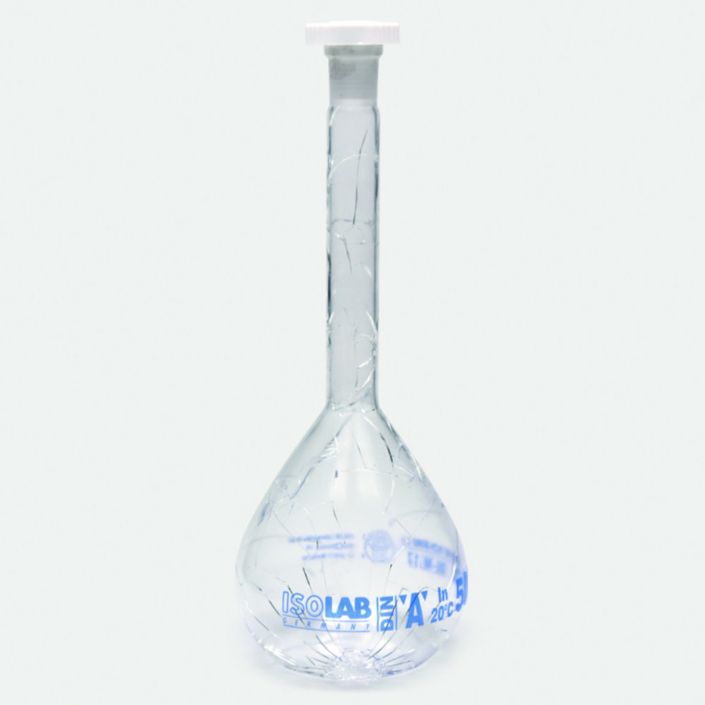 Messkolben, Borosilikatglas 3.3, Klasse A, blau graduiert, mit PE Stopfen, beschichtet | Nennvolumen: 250 ml