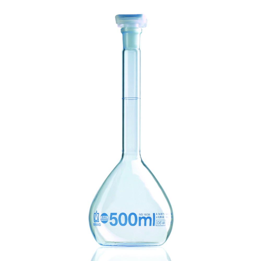 Messkolben, Boro 3.3, Klasse A, blau graduiert, inkl. ISO-Einzelzertifikat | Nennvolumen: 500 ml