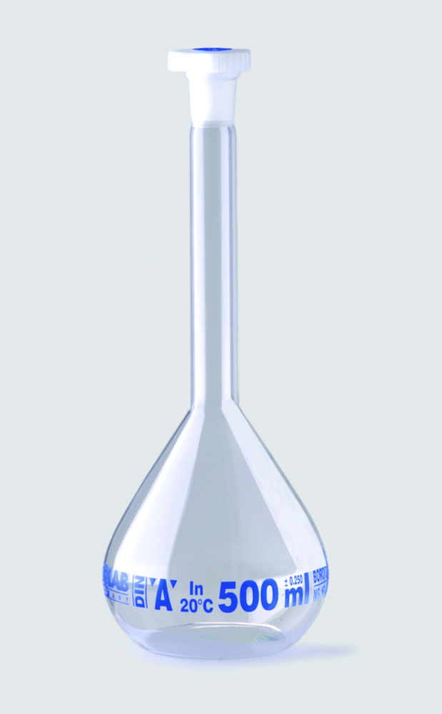 Volumetric flasks, borosilicate glass 3.3, class A, blue graduated, with PE stoppers | Nominal capacity: 150 ml
