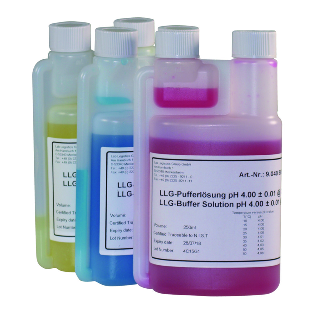LLG-pH buffer solutions with colour coding in twin-neck dispensing bottles