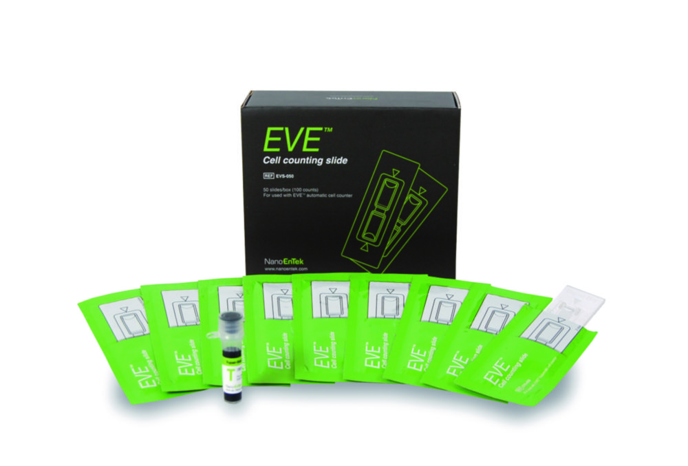 Zubehör für automatisierten Zellzähler EVE™ | Beschreibung: Objekttäger für EVE™ Zellzähler inkl. 1 x 1,5 ml Trypanblau (0,4 %) für 100 Zählungen