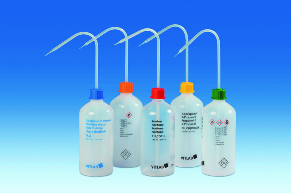 VITsafe™ Safety wash bottles, narrow neck, PP/LDPE | Imprint text: Ethyl acetate