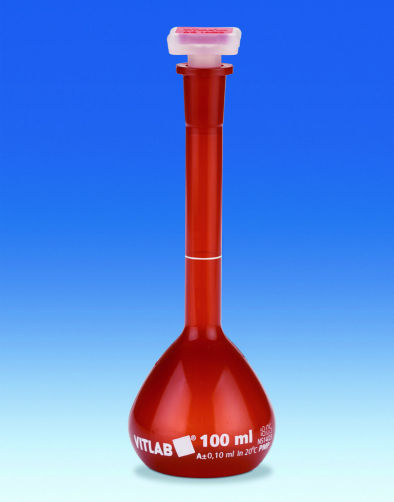 Volumetric flasks VITLAB® UV-protect, PMP, Class A with NS stoppers, PP | Nominal capacity: 10 ml