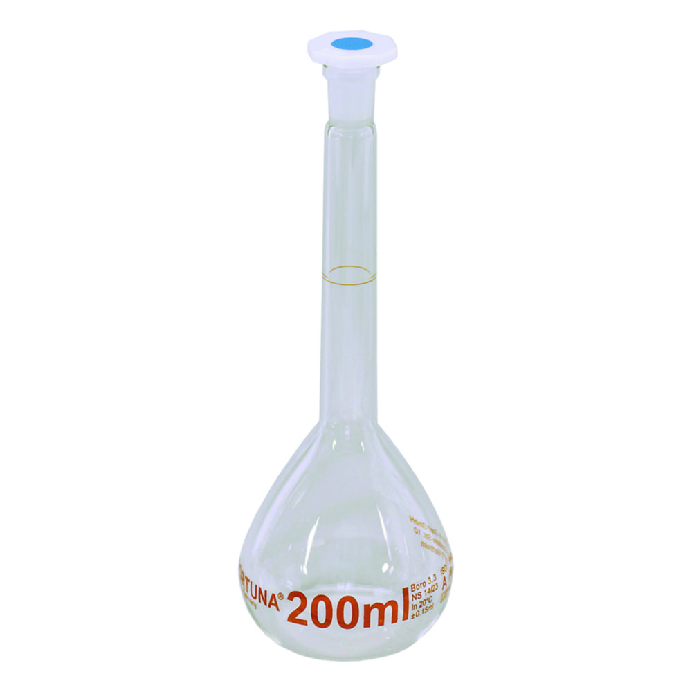 Volumetric flasks Volac FORTUNA®, boro 3.3, class A, with PP stoppers, amber graduation | Nominal capacity: 20 ml