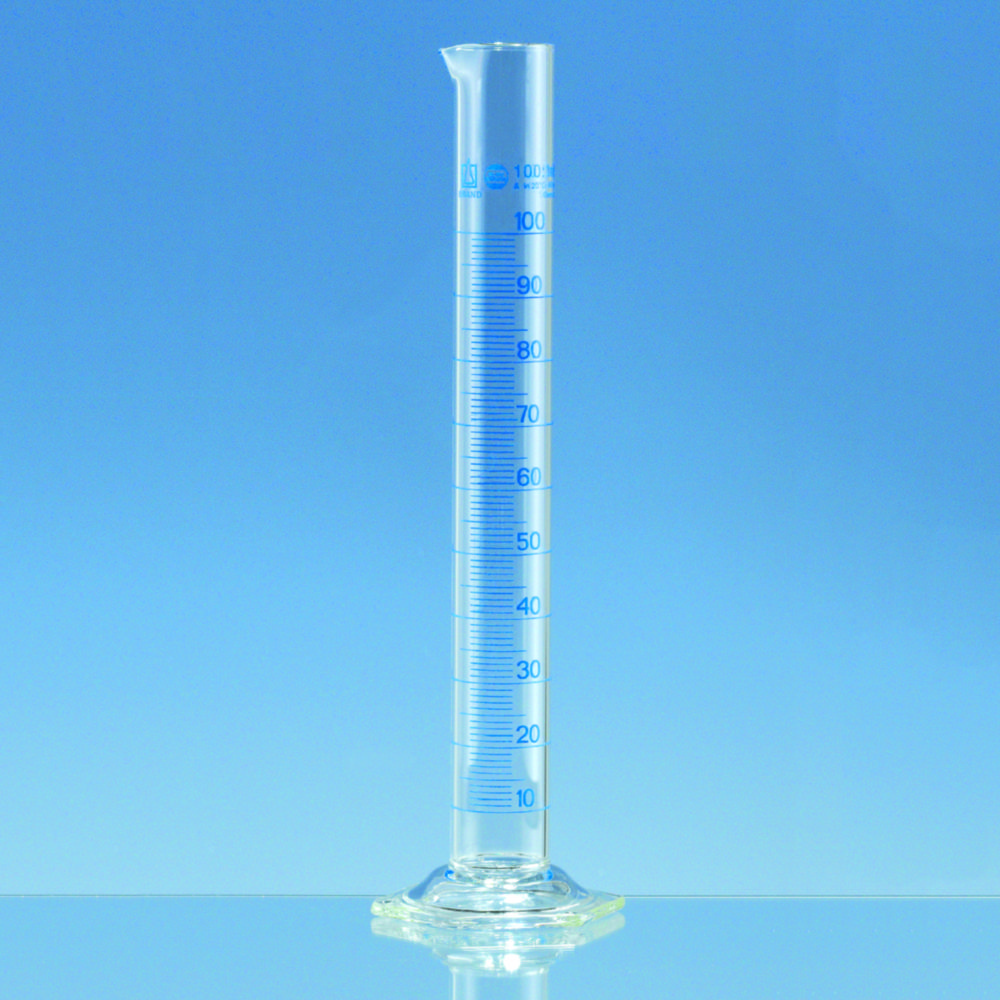 Measuring cylinders, boro 3.3, tall form, class A, blue graduations, with individual certificate | Nominal capacity: 25 ml