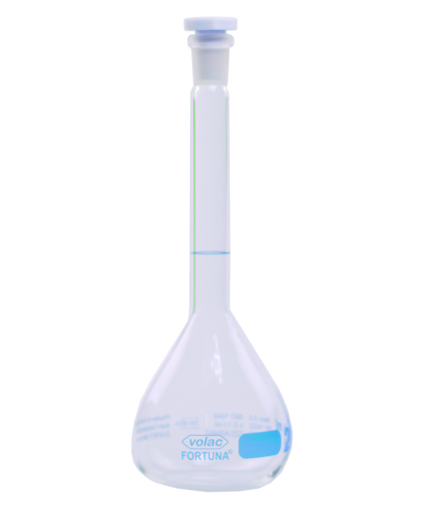 Volumetric flasks Volac FORTUNA®, boro 3.3, class A, with PP stoppers, blue graduation | Nominal capacity: 100 ml