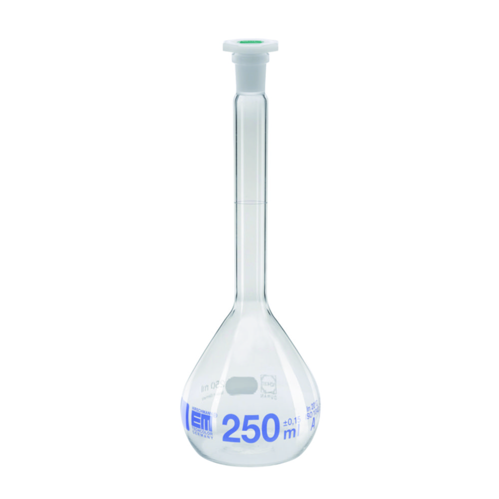 Volumetric flasks, DURAN®, class A, blue graduation, with PE stoppers | Nominal capacity: 5 ml